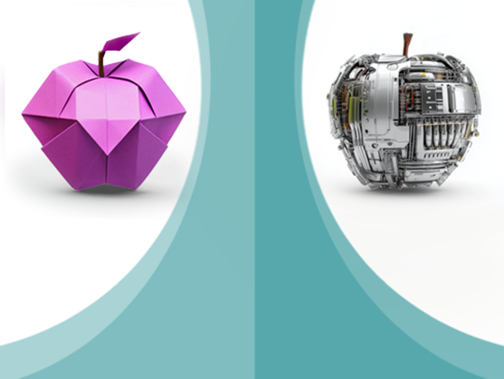 The accessibility path (teal vertical schwoop) between strategic design (magenta origami apple left) and future technology (mechatronic apple right)