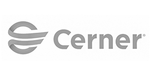 Logo of Cerner Corporation, healthcare technology company, since acquired by Oracle Health, grayscale 50%