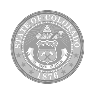 Logo seal of the State of Colorado, featuring Rocky Mountains and gold prospecting mining tools, 50% gray