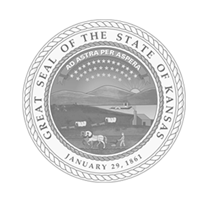 Logo seal of the State of Kansas, featuring historical farm scene with plough, horses, wagons, sunrise, 65% gray